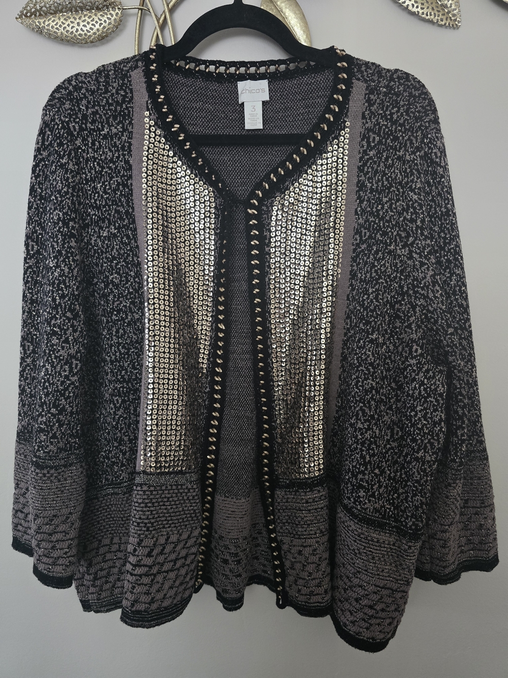 Chico's Black and Beige Knit Open-Front Cardigan with Gold Sequin Panels Size 3